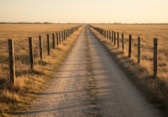 Fototapeta premium A straight gravel road vanishing into the horizon, flanked by a wooden fence, under a clear sky, conveying a sense of journey and freedom.