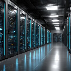 High-Tech Data Center with Rows of Server Racks Illuminated by Blue LED Lights in Modern Facility