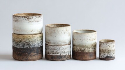 Naklejka premium Collection of stacked handmade ceramic pots isolated on white background in various sizes arranged on a white surface