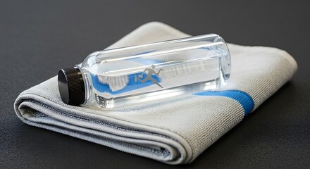Refreshing post-workout hydration captured in a clear water bottle resting on a folded towel still life photo
