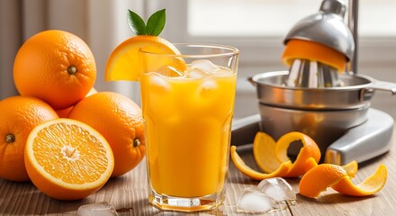 Refreshing Orange Juice Composition with Citrus Fruits and Juicer still life
