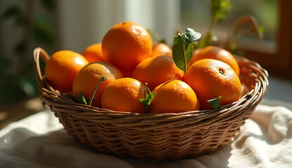 Closeup of Oranges in a Basket by the Window