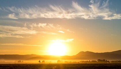 Obraz premium A sun bursts over a misty landscape, with mountains silhouetted against the golden light and an expressive sky