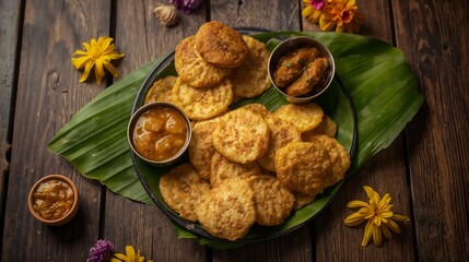 Fototapeta premium Onam Food, traditional Kerala Sadhya feast served on banana leaf with rice, curries, papadam, chutneys, sweets, and vibrant festive presentation.
