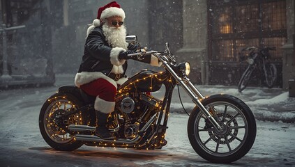 Fototapeta premium Santa Claus riding a decorated motorcycle during snowfall on a winter night