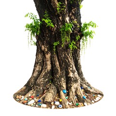 Close-up of a large tree trunk, adorned with colorful stones at the base, and small greenery