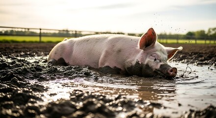 Relaxing pig enjoying a mud bath in a rural landscape in the countryside