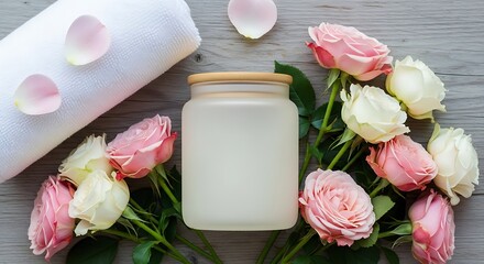 Relaxing wellness arrangement with roses, towel and jar on wooden backdrop
