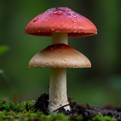 Double Delicate Mushroom, Dew Drops, Forest Floor