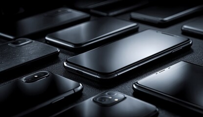 Dark Smartphones Arranged on Black Surface