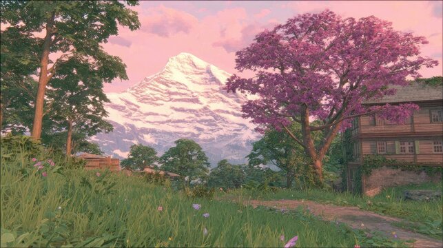 Alpine village at dawn, with a snow-capped mountain - Powered by Adobe