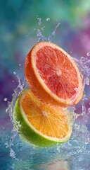 Vibrant Citrus Fruit Halves Splashing in Water Dynamic Motion.