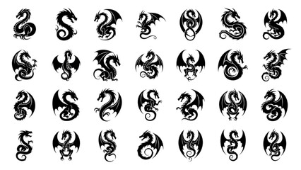 High-Quality Silhouette Icon Set – Dragon Tattoo Icons, Mythical, Fantasy, and Fierce Designs