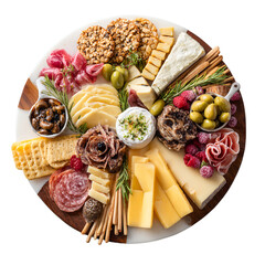 Artfully arranged charcuterie board with various cheeses, cured meats, olives, crackers, and fruits, overhead view.
