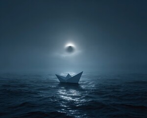 Obraz premium Lonely paper boat on a dark ocean