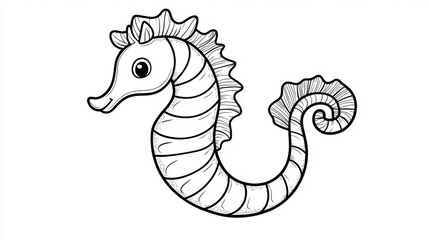 Fototapeta premium 7.A charming black-and-white drawing of a cartoon seahorse for a kids' coloring activity. The seahorse features a gently curved body, a delicate spiral tail, and small, round fins. Its face is