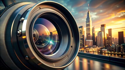 Vintage film camera with a large black macro lens on a white isolated studio background