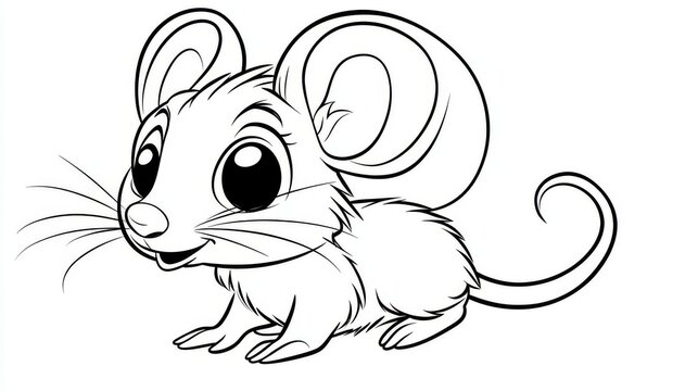 24.A charming black-and-white illustration of a cartoon mouse for a children&acirc;&euro;&trade;s coloring book. The mouse has large, expressive eyes, a tiny nose, and big ears. Its tail is long and looping in an