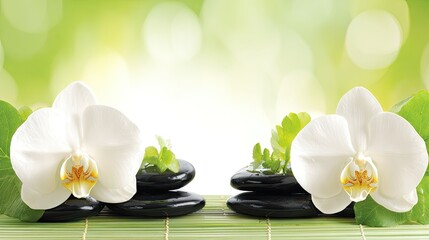Two white orchids on dark stones, on bamboo mat, soft green background