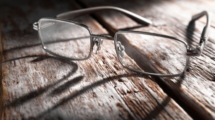 Elegant silver eyewear resting on rustic wooden surface with soft light casting delicate shadows for modern style