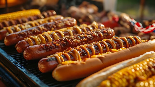 Grilled hot dogs with toppings and corn on the cob barbecue party