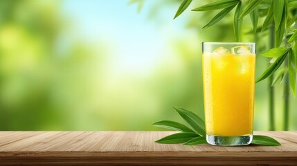 Refreshing Orange Juice with Ice in Tall Glass Surrounded by Green Nature and Bamboo Leaves
