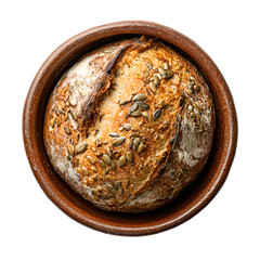 Rustic loaf of bread with seeds, presented in a ceramic bowl, top-down view, studio lighting.

