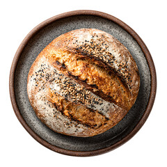 Rustic loaf of bread with seeds on a ceramic plate, top view, studio shot
