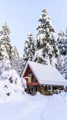 Naklejka premium Snowy cabin nestled in a winter forest