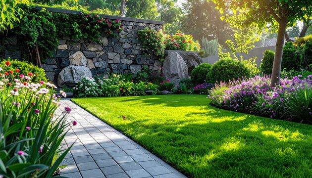 Lush garden with green lawn, stone wall, and colorful flowers, lit by sunlight, paving block path leading into the scene