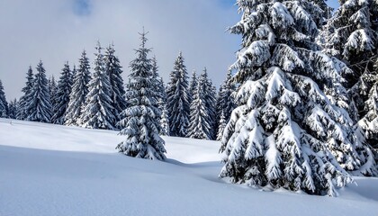 A snow-covered winter scene with frosted evergreen trees and a bright, cloud-filled blue sky. The landscape is serene and pristine