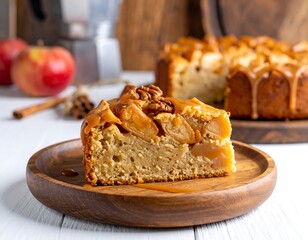 Caramel apple cake slice on wooden plate