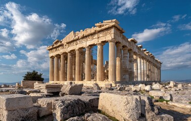 Ancient temple ruins stand majestically on a rocky hillside under a partly cloudy blue sky. Remnants litter the foreground