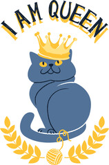 Cartoon Blue Cat Wearing Golden Crown I Am Queen.