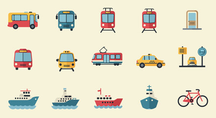 A modern flat design vector illustration depicting a comprehensive set of public transportation icons, perfect for web, mobile apps, or infographic use.