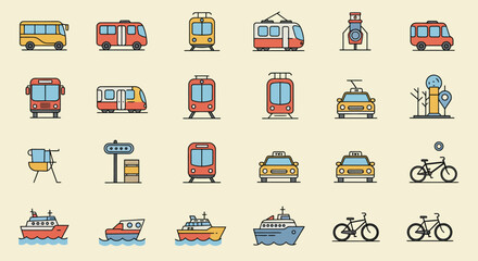 A modern flat design vector illustration depicting a comprehensive set of public transportation icons, perfect for web, mobile apps, or infographic use.