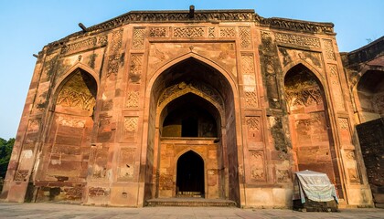 Ancient terracotta facade with arched doorways and intricate carvings