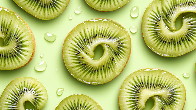 Multiple kiwi slices arranged in an overlapping spiral pattern, glistening with cold water droplets, placed on a smooth matte pastel green background, - Powered by Adobe