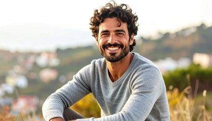 Smiling man with dark curly hair in a light sweater poses outdoors with a blurred natural landscape in the background during the day