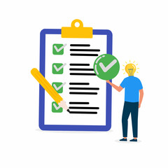 a person standing next to a clipboard checklist with green check marks, symbolizing completed tasks, success, productivity, organization, and goal achievement.