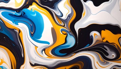 A swirling abstract composition of vibrant colors like blue, yellow, white, and black, creating a dynamic, flowing design