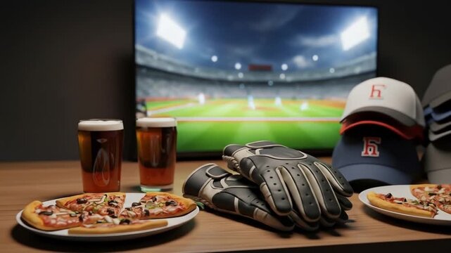 General Food & Beverage Watching a Baseball Game on a Large Screen with Snacks and Drinks