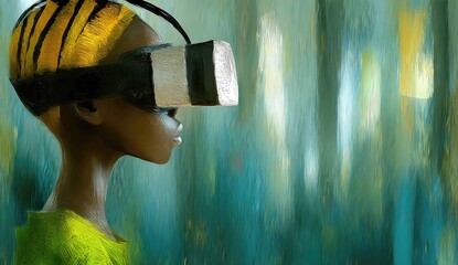 Child wearing VR headset, profile view, vibrant colors