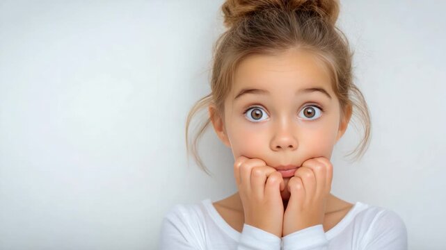Startled Little Girl: A close-up shot of a young girl, eyes wide with surprise and a look of concern, conveys a moment of shock or amazement.