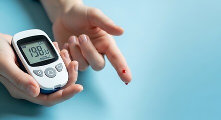 Close-up of a person's finger with a drop of blood next to a glucose meter displaying a high reading.