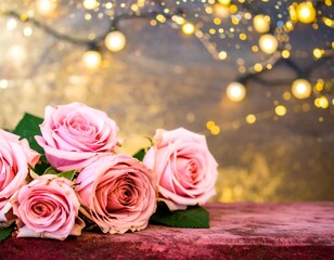 Pink roses on maroon velvet, bokeh lights