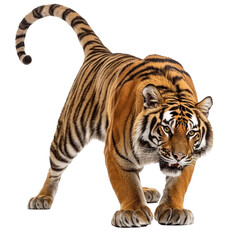 Obraz premium Tiger stretching A tiger stretches its front legs out, arching its back and tail extended. full length isolate on transparent background