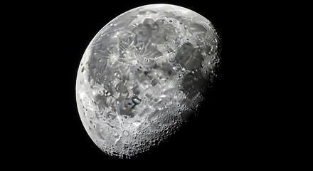 Close-up view of a detailed moon surface, showcasing craters and textures in shades of gray against a dark backdrop.