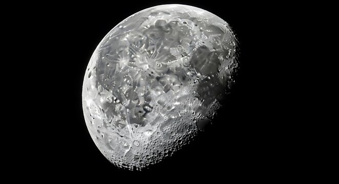 Close-up view of a detailed moon surface, showcasing craters and textures in shades of gray against a dark backdrop.