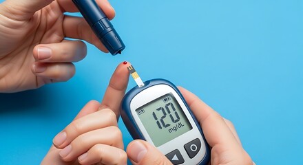 A person uses a glucose meter to check their blood sugar level, with a drop of blood on the test strip.